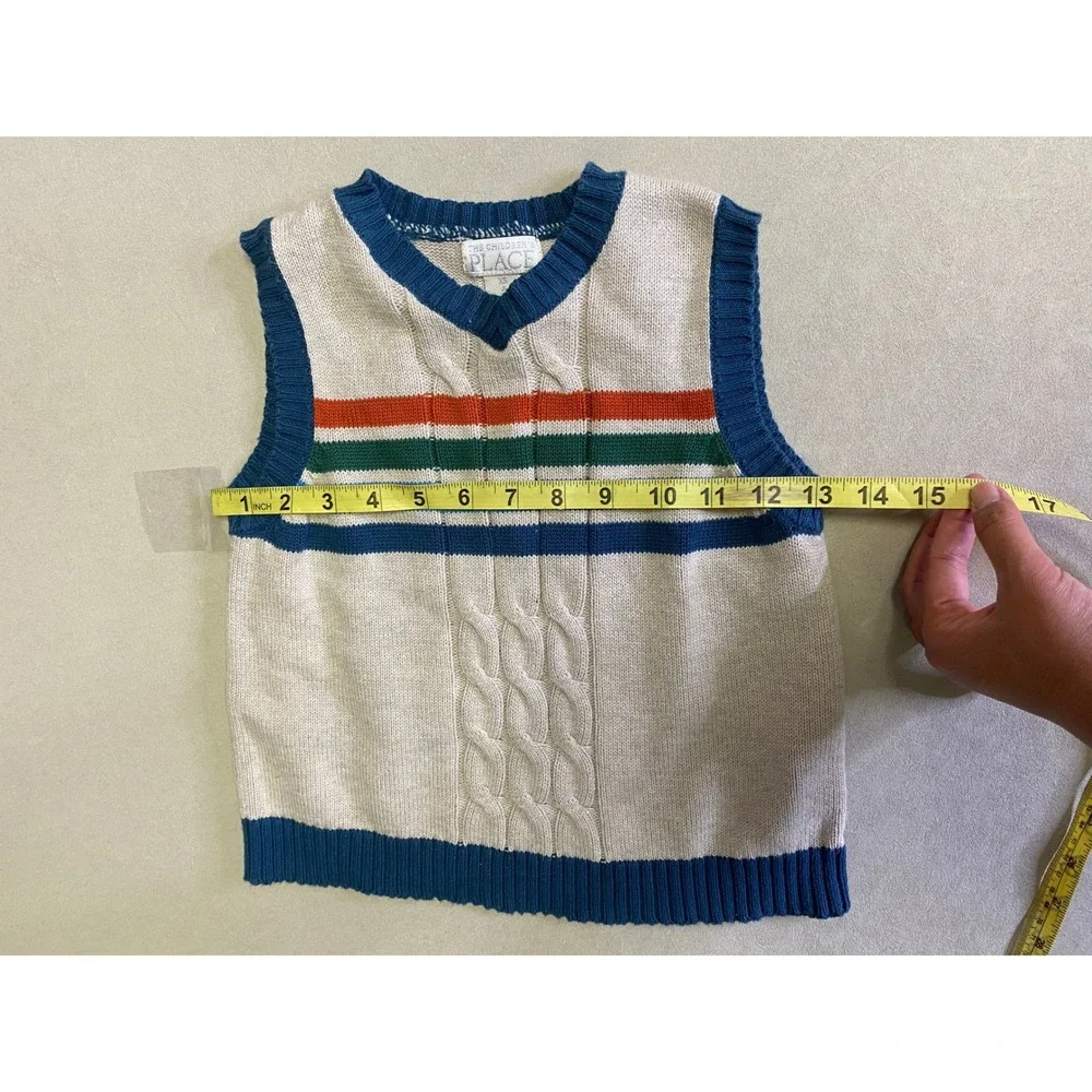 The Childrens Place Boys XS 4 Cable Knit Striped V-Neck Sweater Vest Beige Blue